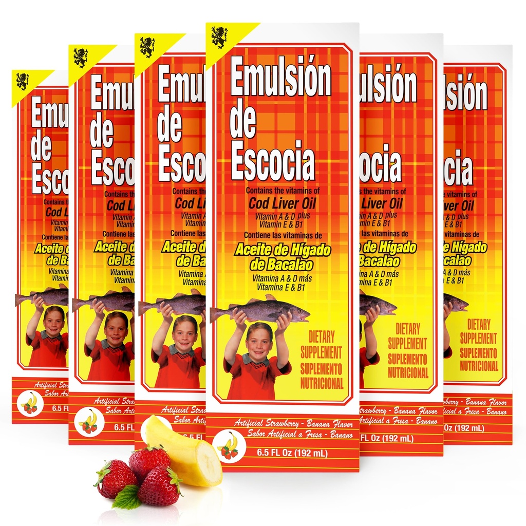 Emulsion de Escocia Strawberry Banana 6-Pack – Cod Liver Oil Liquid Supplement for Kids – Omega-3 Fish Oil with Vitamins A, D, E & B1 – Immune Support & Growth – 6.5 Fl Oz Bottles – Omega 3 for Kids