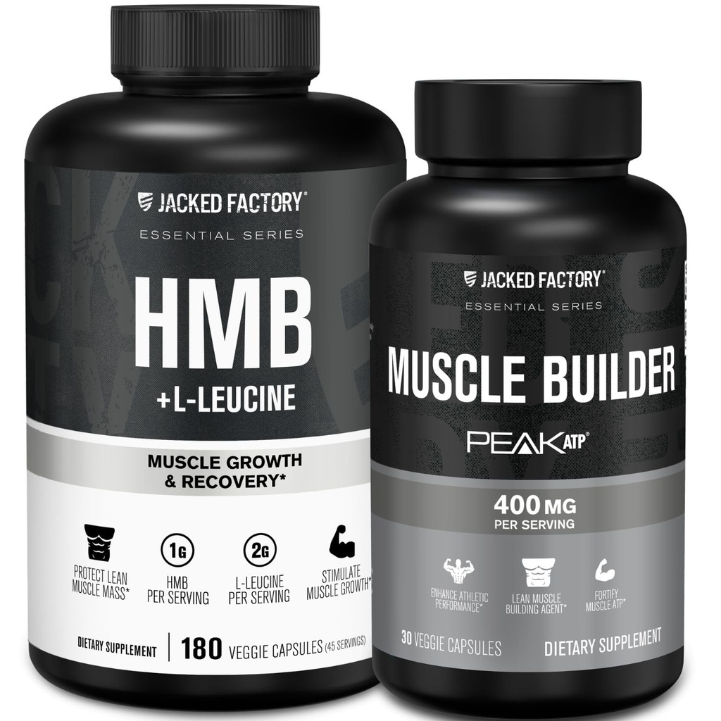Jacked Factory Muscle Builder Bundle – Peak ATP Muscle Builder (30 Capsules) & HMB + Leucine Capsules (2g L-Leucine, 1g HMB) (180 Capsules) – Muscle Growth, Strength, Lean Muscle & Recovery Support