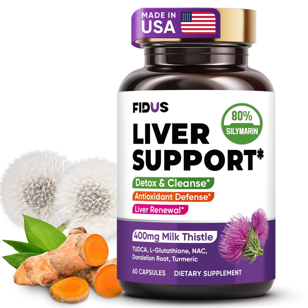 Fidus Liver Health Support Capsules - 400mg Milk Thistle Silymarin with NAC, TUDCA, Dandelion & Turmeric - USA Made
