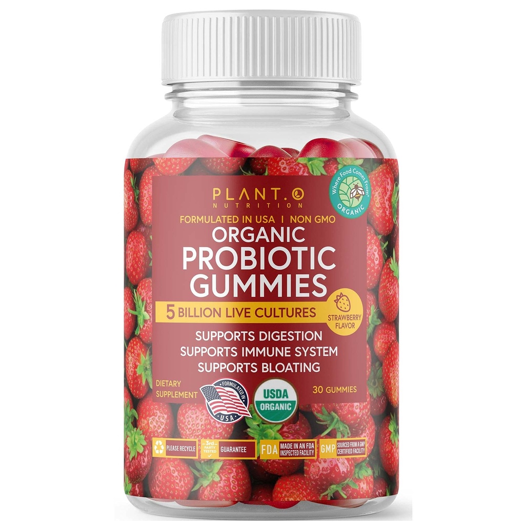 Plant.O Βιολογικά Προβιοτικά Gummies για γυναίκες, άνδρες και παιδιά [5 δισεκατομμύρια CFUs USDA Certified] Βοήθεια για την υποστήριξη Digestion, Bloating, δυσκοιλιότητα & ανοσοποιητικό σύστημα, φράουλα Γεύση, 30 μασώμενα προβιοτικά