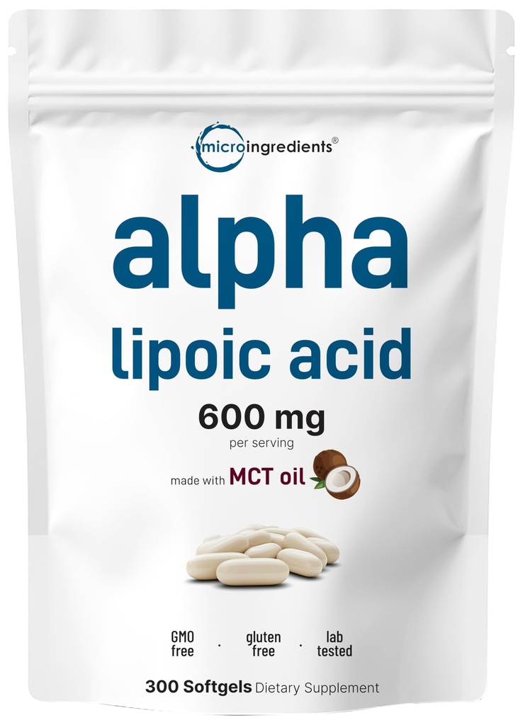 Micro Ingredients Alpha Lipoic Acid 600mg Per Serving, 300 Softgels | ALA Supplement | Made with MCT Oil| Non-GMO, Gluten-Free, Soy-Free