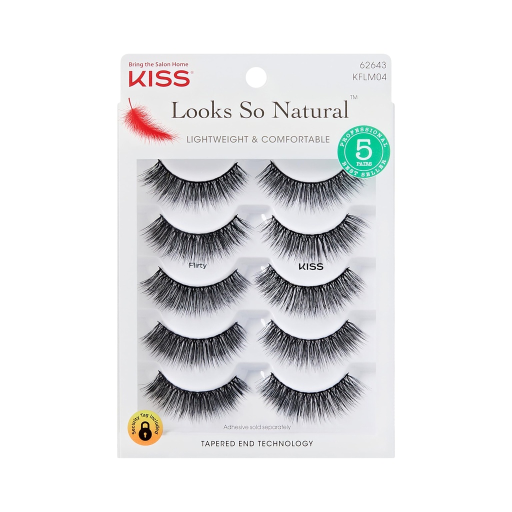 KISS Looks So Natural False Eyelashes Multipack, Lightweight & Comfortable, Tapered End Technology, Reusable, Cruelty-Free, Contact Lens Friendly, Style 'Flirty', 5 Pairs Fake Eyelashes