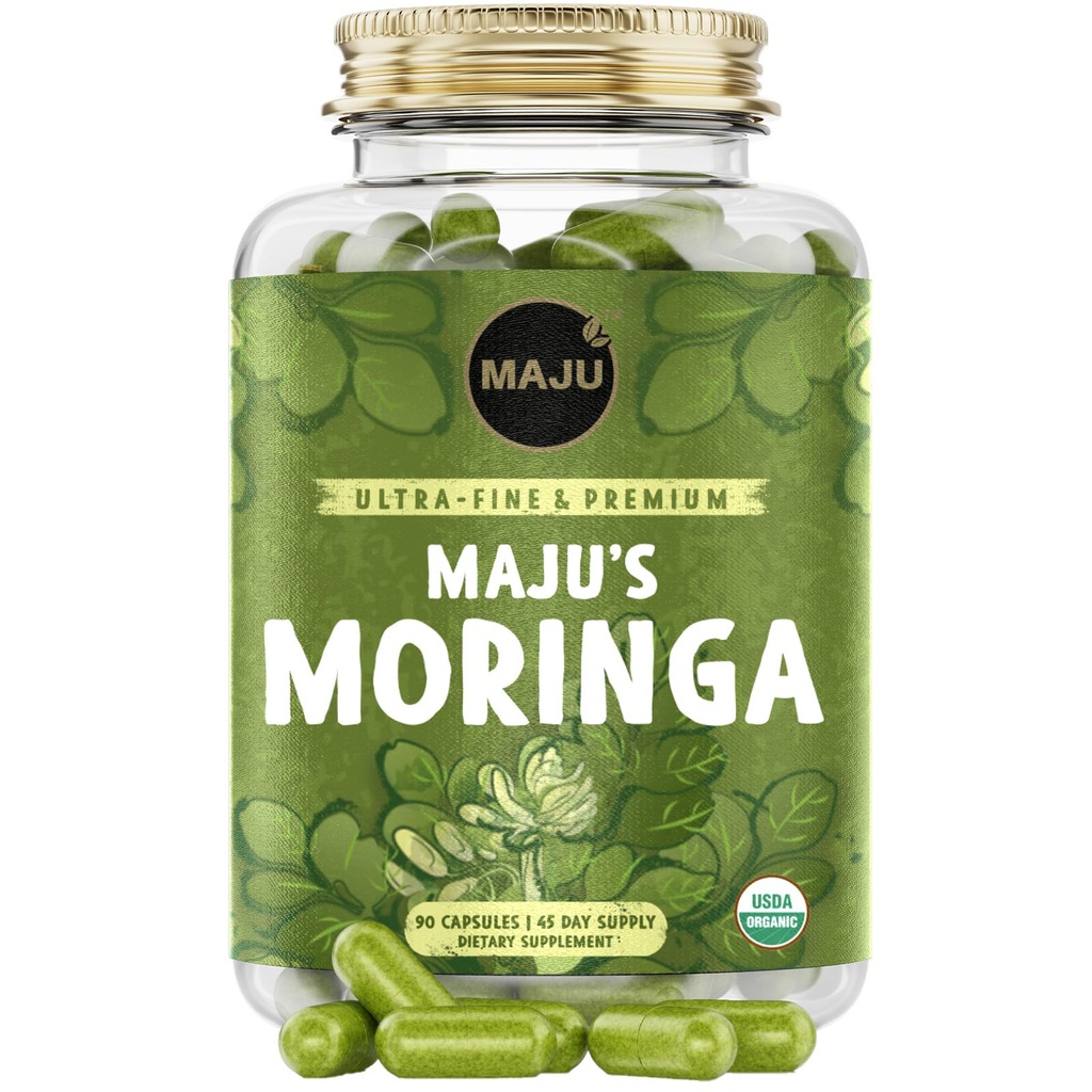 Maju Superfoods Βιολογικές κάψουλες Moringa, Oleifera Leaf, Extra-Fine Quality Φύλλα Moringa, Αποξηραμένα φύλλα δέντρου Drumstick, Βιολογικό συμπλήρωμα εκχύλισμα σκόνης Moringa Κάψουλες από φυτό (90 ct)
