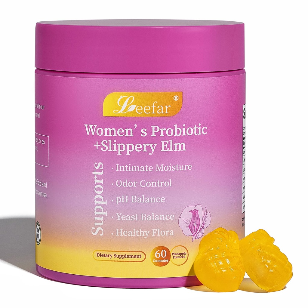 Women’s Probiotic + Slippery Elm - 5 Billion CFU Vaginal Probiotics + Prebiotic Fiber - Supports Intimate Moisture, pH Balance, Odor Control & Yeast Balance* - Pineapple Flavor - 60 Gummies