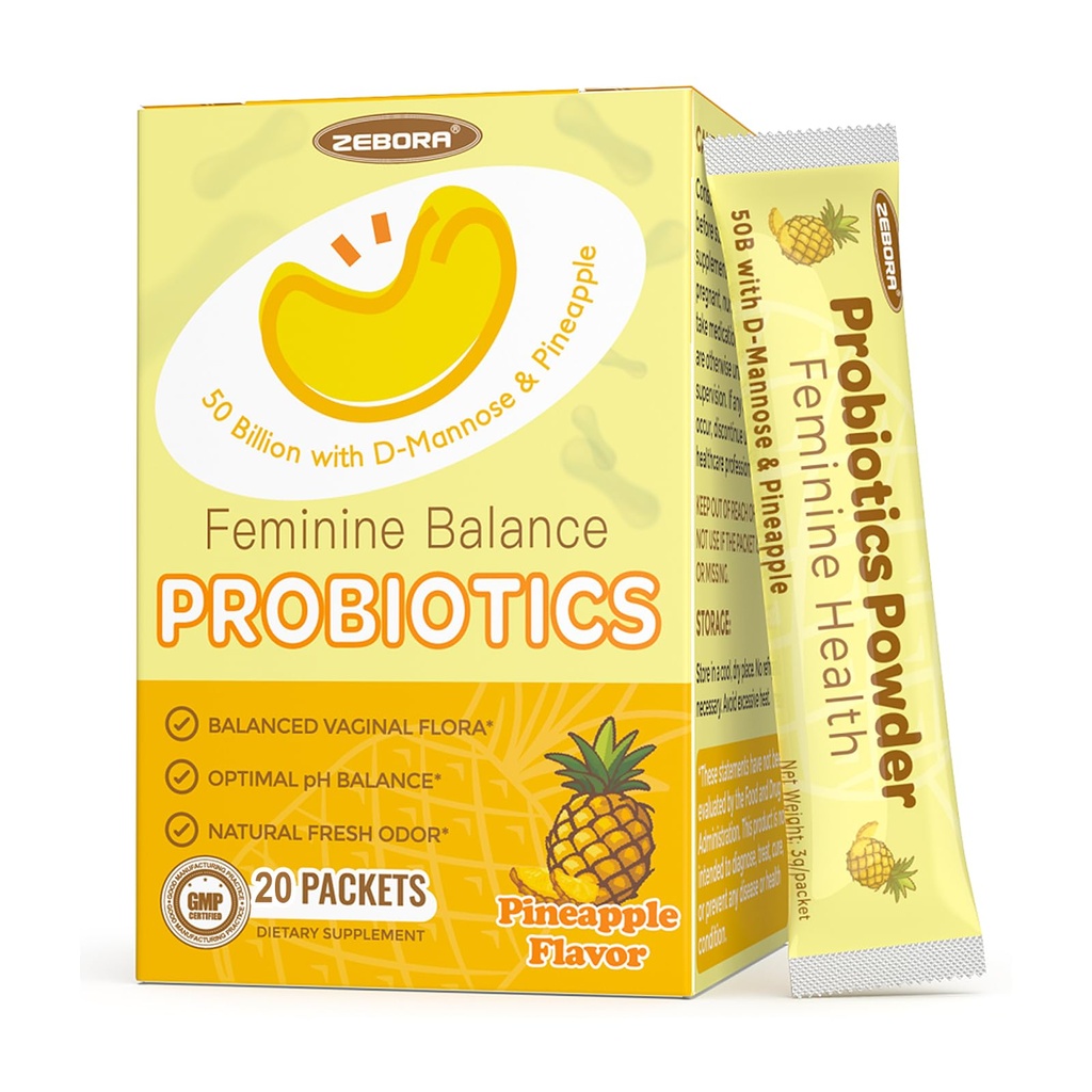ZEBORA Probiotics for Women Powder, 50 Billion with D-Mannose & Cranberry for Feminine Balance, Urinary Tract & Vaginal Health, Digestive & Immune Boost, Gluten-Free Non-GMO, Pineapple Flavor