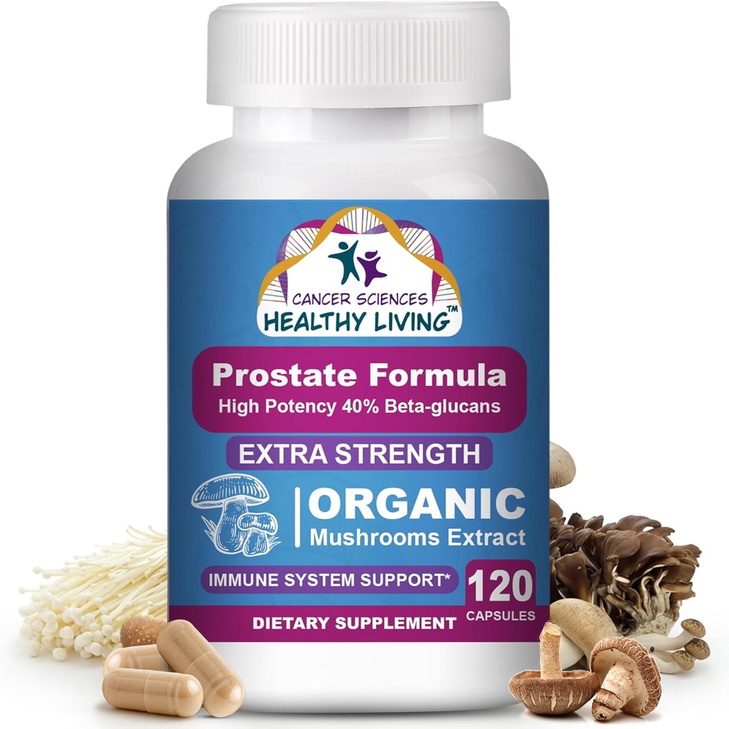 Cancer Sciences Prostate Wellness Συμπληρώματα για τους άνδρες, USDA Certified Organic Mushrooms Extra Strength 1.500 mg, Υψηλή ισχύς 40% Beta-Glucans, ανοσοποιητικό, Αντιγηραντικό, Αντιοξειδωτικά, 120 κάψουλες