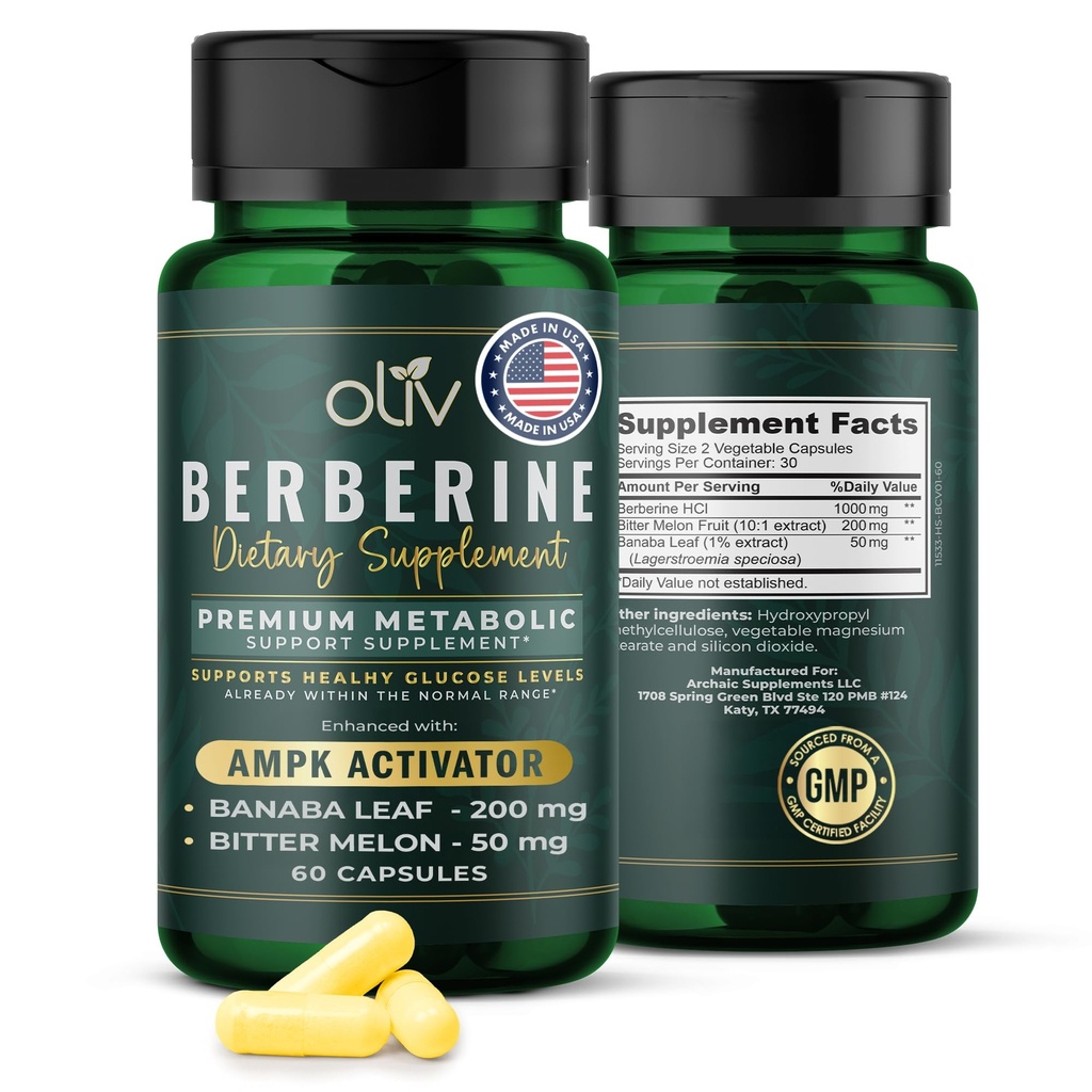 oliv Pure Berberine Supplement Capsules – Berberine HCI 1000mg - Φυσική Μεταβολική Υποστήριξη με 200mg Bitter Melon Fruit Extract και 50mg Banaba Leaf – 2 Κάψουλες Veggie Καθημερινά (30 Σερβιέτες)