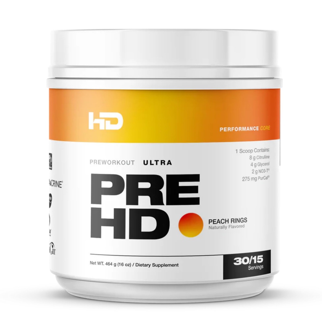 HD MUSCLE PreHD Ultra Pre Workout | with Citrulline, NO3-T Nitrates, Creatine, Beta Alanine | 275mg Caffeine as Purcaf | 30/15 Servings (Peach Rings)