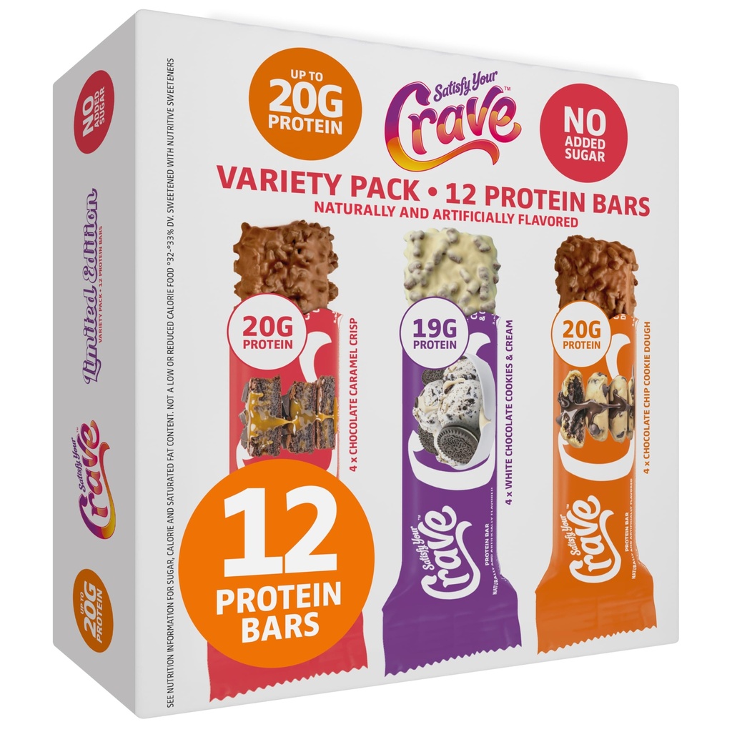 Satisfy Your Crave Protein Bars- High Protein Delicious Snacks- 19-20g of Protein, No Added Sugar- Variety Pack- Cookie Dough, Choc Caramel, Cookies & Cream- On-the-Go Snack, Pantry Staple & for Office, 12 Pack