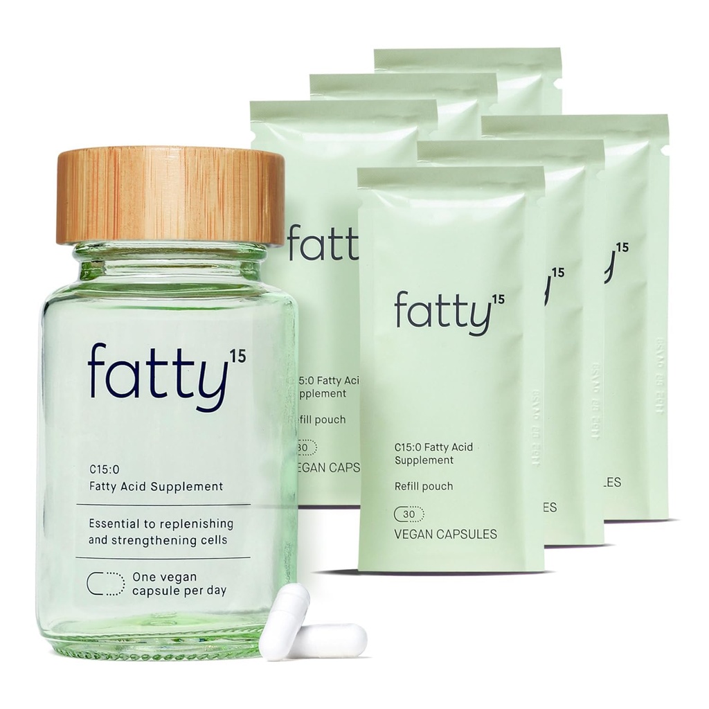 Fatty15 C15:0 Pentadecanoic Acid Healthy Aging Supplement - 180 Vegan Capsules - 3X Cellular Benefits of Omega 3 Fish Oil - Longevity, Metabolic, Wellness & Liver Support - Gluten Free & Sugar Free