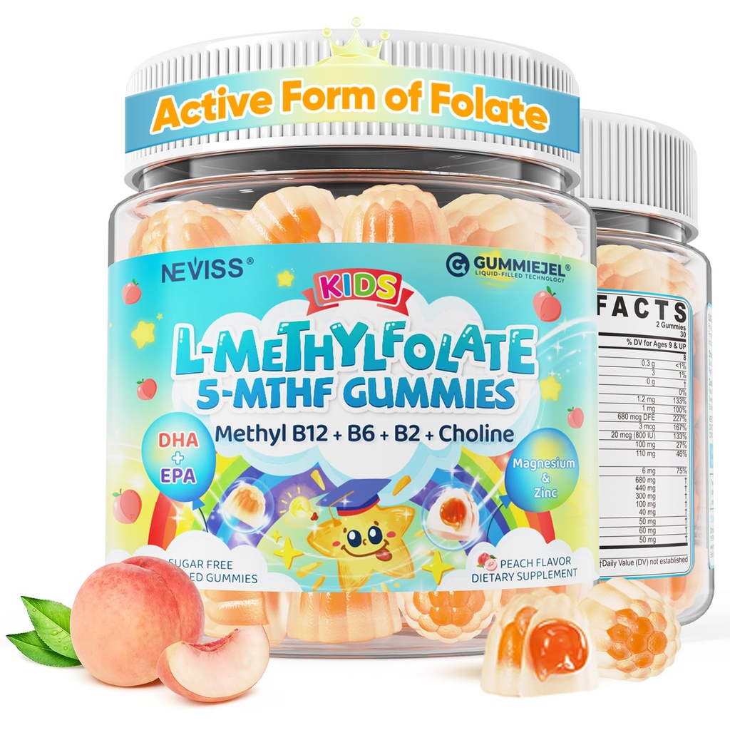Kids L-Methylfolate Gummies, Active 5-MTHF + Methyl B12, Vitamin B6, B2, Choline, Vegan Omega 3 DHA & EPA, Methylated Multivitamin, MTHFR Supplement for Methylation, Focus, Cognition, Brain, 60 Cts