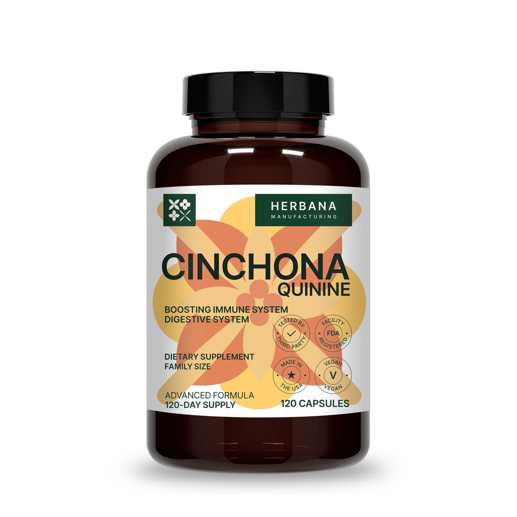 HERBANA MANUFACTURING Quinine, Cinchona 120 Capsules – Natural Supplement for Leg Cramps Instant Relief & Digestive Health Support – Cinchona Officinalis Bark, High Potency
