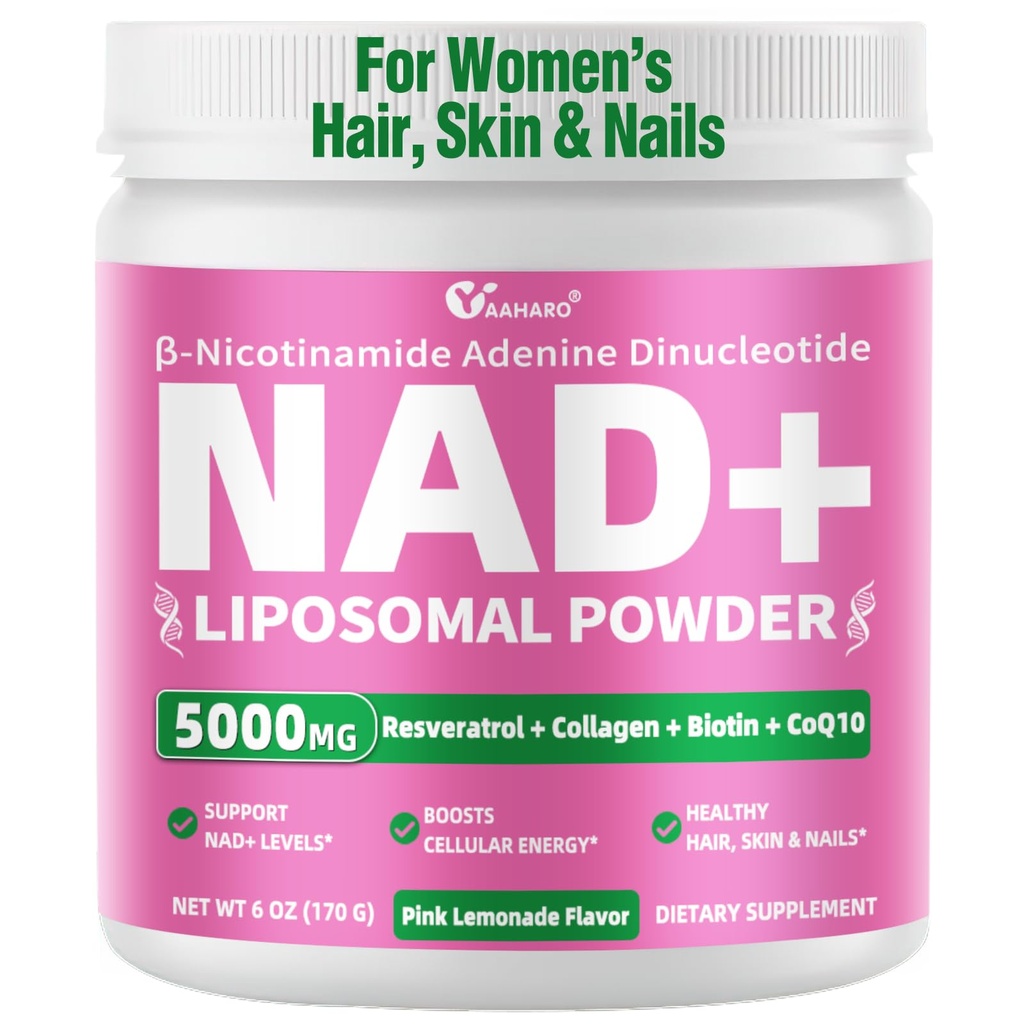 NAD Supplements for Women 5000mg, Liposomal NAD+ Powder with Resveratrol, Collagen Peptides, Biotin, CoQ10 & TMG for Healthy Aging, Cellular Energy, Hair Skin & Nails, Pink Lemonade Mix, 34 Servings