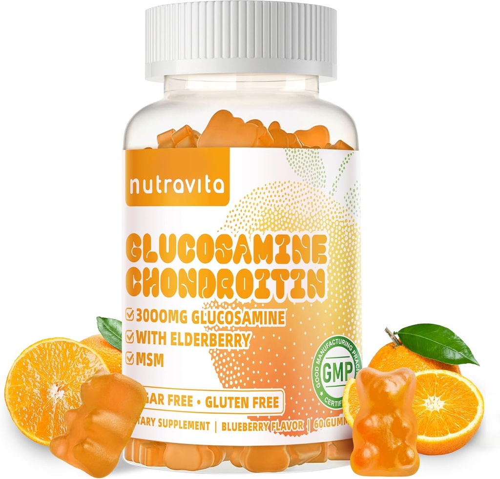 Nutravita Glucosamine Chondroitin Gummies with MSM & Elderberry Extra Strength - Κοινή Υποστήριξη, Αντιοξειδωτικό Ανοσοποιητικό Συμπλήρωμα Υποστήριξης για Ενήλικες, Άνδρες και Γυναίκες.60