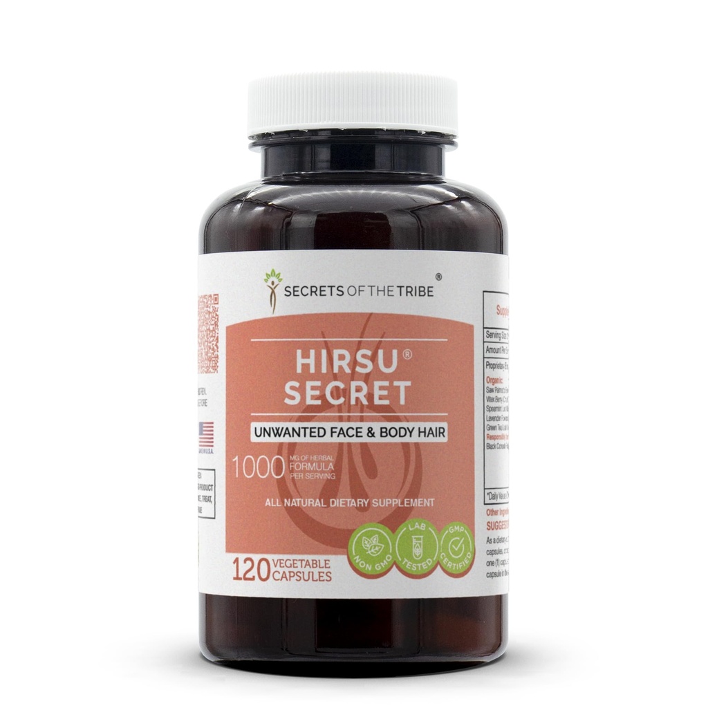 Secrets of the Tribe Hirsu Secret 120 Capsules, 1000 mg, Saw Palmetto, Black Cohosh, Vitex, Spearmint, Lavender, Green Tea. Unwanted Face & Body Hair (120 Capsules)