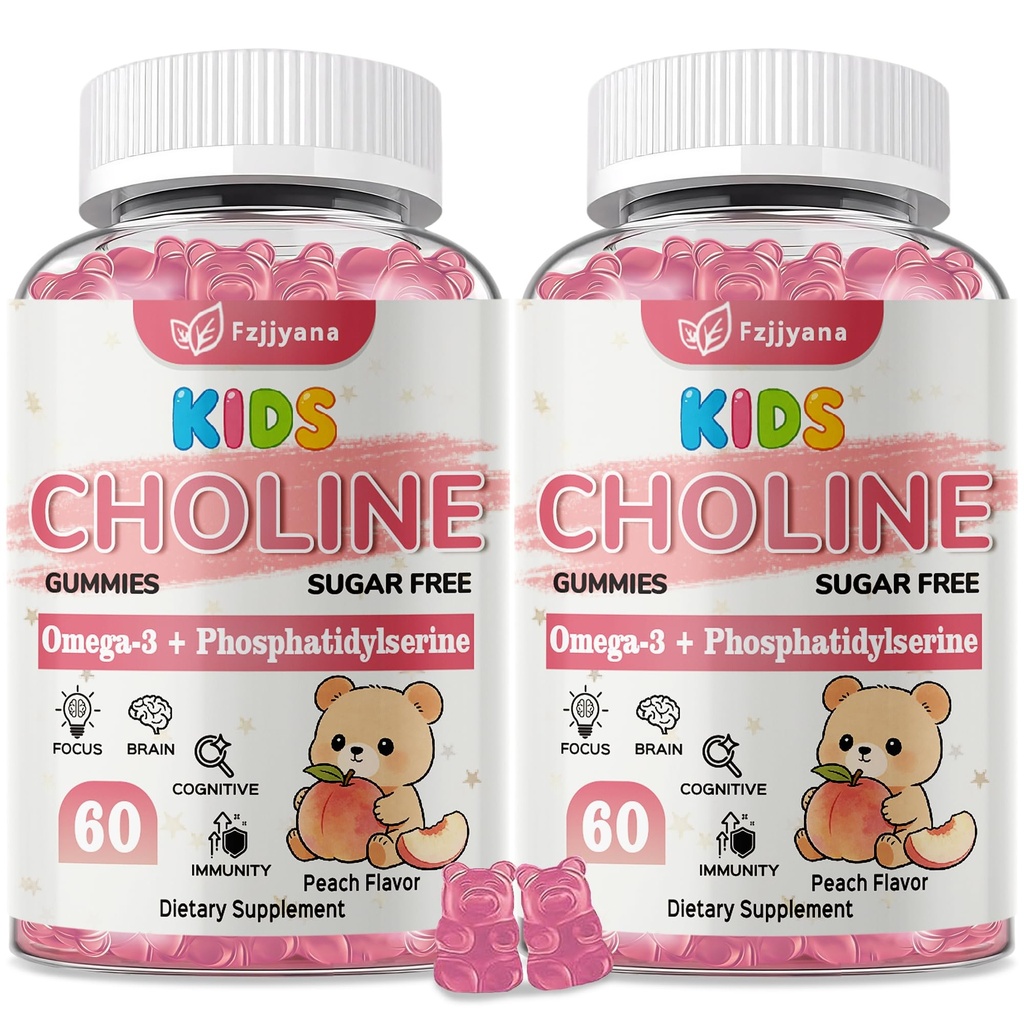 (2 Pack) Choline Supplements Gummies with Omega 3(DHA+EPA),Phosphatidylserine for Kids & Teens 4+ with Vitamin D3,B6 & B12 for Brain Health, Focus, Immune Support, Sugar-Free, Vegan - 120 Count