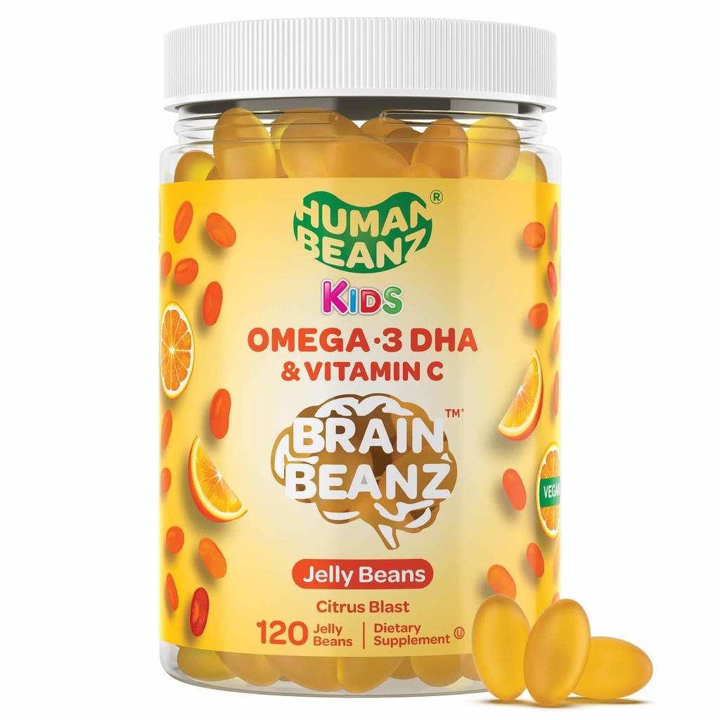 Human Beanz Kids Vegan Omega 3 Gummies, Jelly Beans with DHA and Vitamin C, Brain and Immune Support for Children, Citrus Blast, 120 ct, Kosher, Gluten-Free