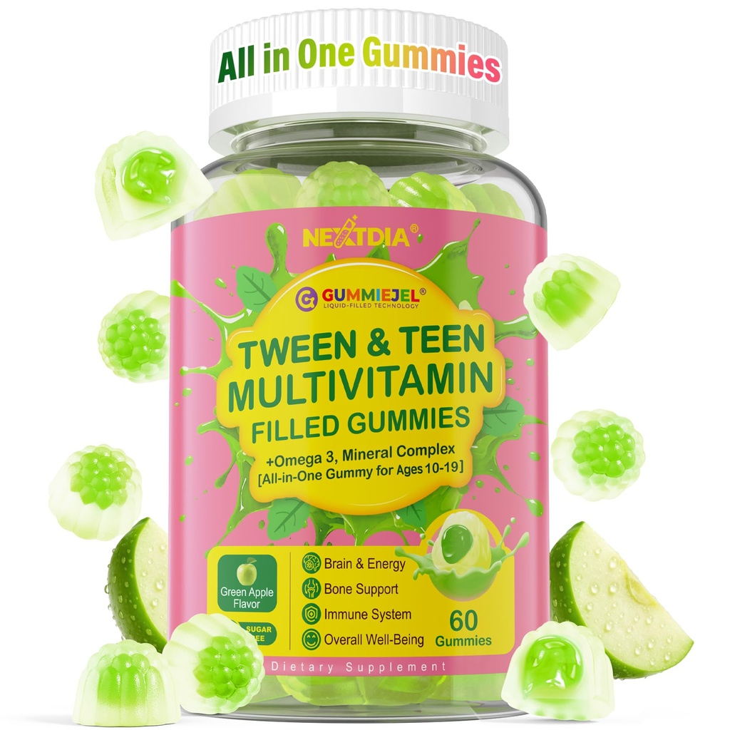 Nextdia Multivitamin Filled Gummies with Iron for Teen Boys Girls 12-17, 18, 19, Kids 10+ Multivitamin with Omega 3, Magnesium + Zinc, Multi-Minerals for Adolescent 10-19S Brain, Bone, Energy, Immune