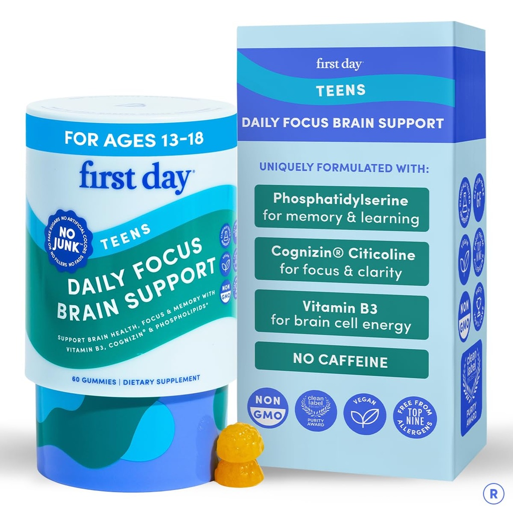 FIRST DAY Teen Brain & Focus Supplement Gummies Ages 13–18 | Study & Concentration Support with Cognizin® Citicoline & Phosphatidylserine | Vegan, Non-GMO, Caffeine-Free | 30-Day Supply