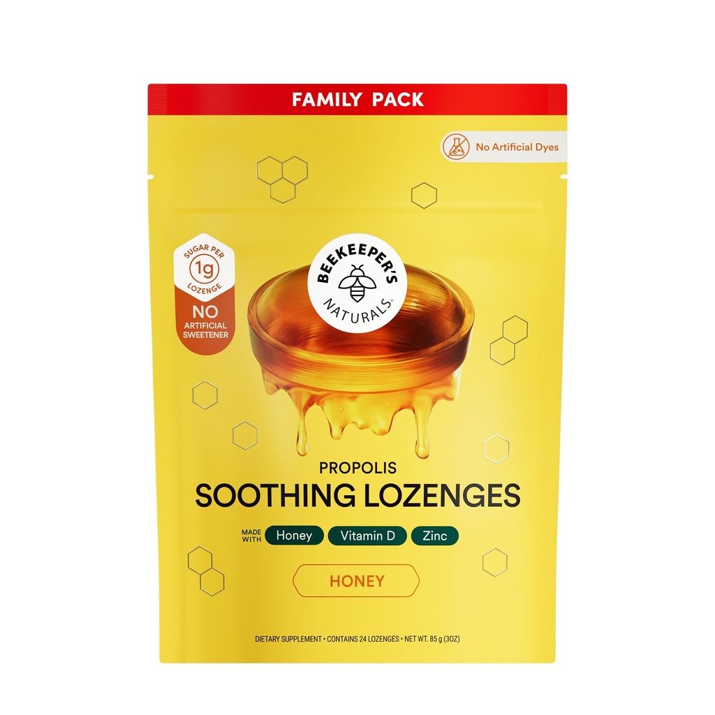 Beekeeper's Naturals Soothing Honey Cough Drops - Immune Support with Vitamin D, Zinc and Propolis Throat Soothing Lozenges, 24 Ct