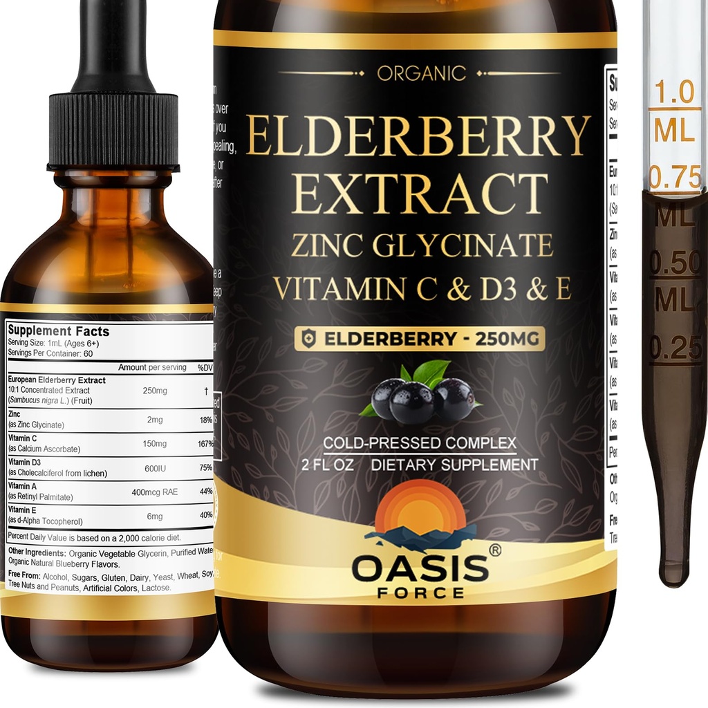 Oasisforce Organic Elderberry Syrup for Adults & Kids, 250mg Elderberry Liquid Drops for Immune Support with Vitamin C and Zinc, Immunity Supplement, Sambucus Extract Tincture, Vegan, Non-GMO, 2 Fl Oz