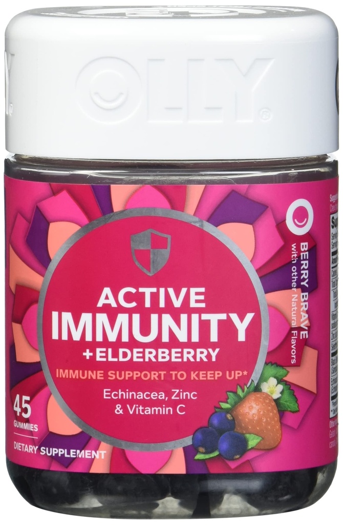 Olly Immunity Gummy, Immune Support, Elderberry, Zinc, Vitamin C, Supplement, Berry, 15 Day Supply, 45 Count (Pack of 12)