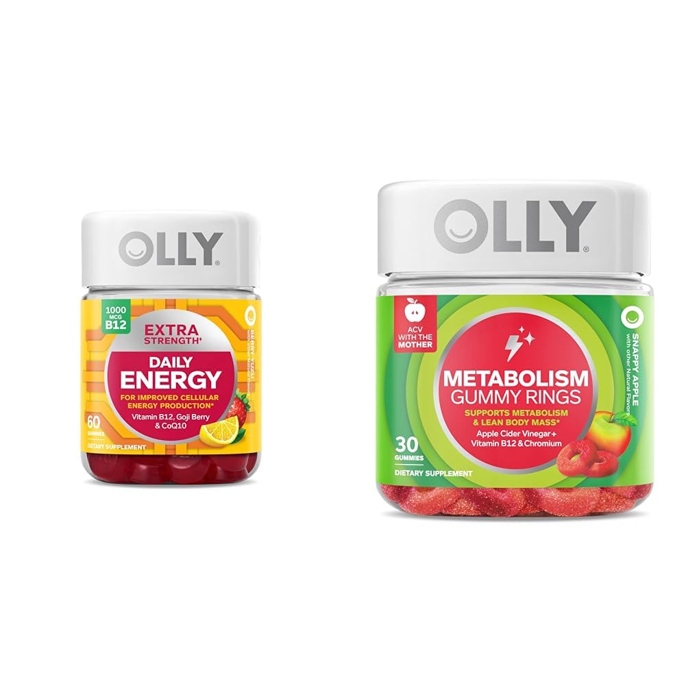 OLLY Extra Strength Daily Energy Gummy, Caffeine Free, 1000mcg Vitamin B12, CoQ10, Goji Berry & Metabolism Gummy Rings, Apple Cider Vinegar, Vitamin B12, Chromium, Energy and Digestive Health