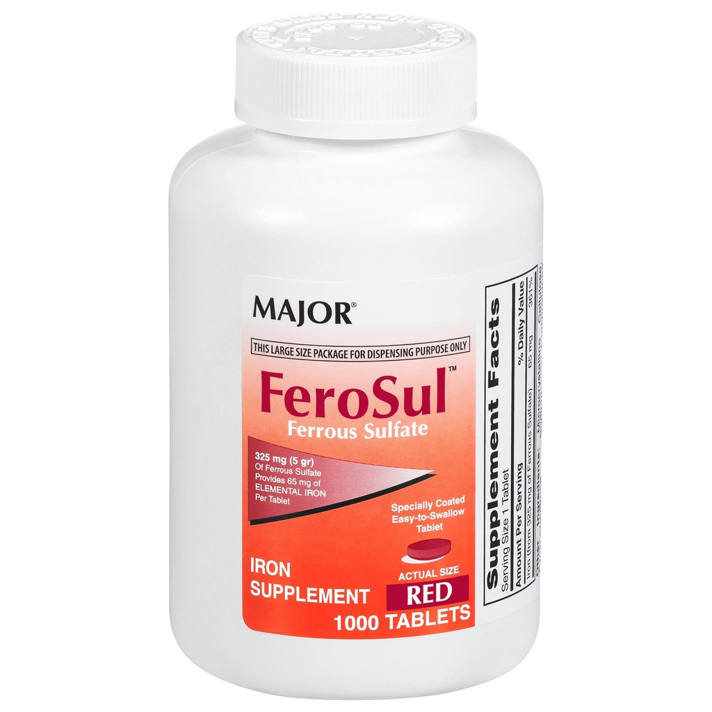Major FeroSul - Σιδήρου Sulfate 325 mg δισκία - Συμπλήρωμα σιδήρου για γυναίκες και άνδρες - Ειδικά Επικαλυμμένα δισκία Easy- to- Swallow - Red - 1000 Count