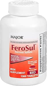Major FeroSul - Σιδήρου Sulfate 325 mg δισκία - Συμπλήρωμα σιδήρου για γυναίκες και άνδρες - Ειδικά Επικαλυμμένα δισκία Easy- to- Swallow - Red - 1000 Count