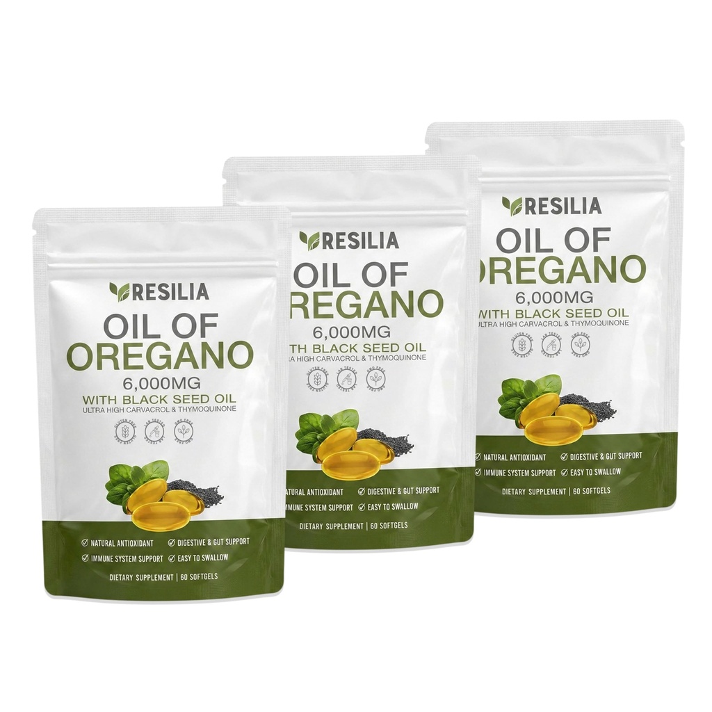 Resilia Oil Of Oregano Softgels with Black Seed Oil – 300mg Oregano Extract & 200mg Black Seed Oil Per Serving – Non-GMO, Gluten-Free Softgels – 180 Count (Pack of 3)