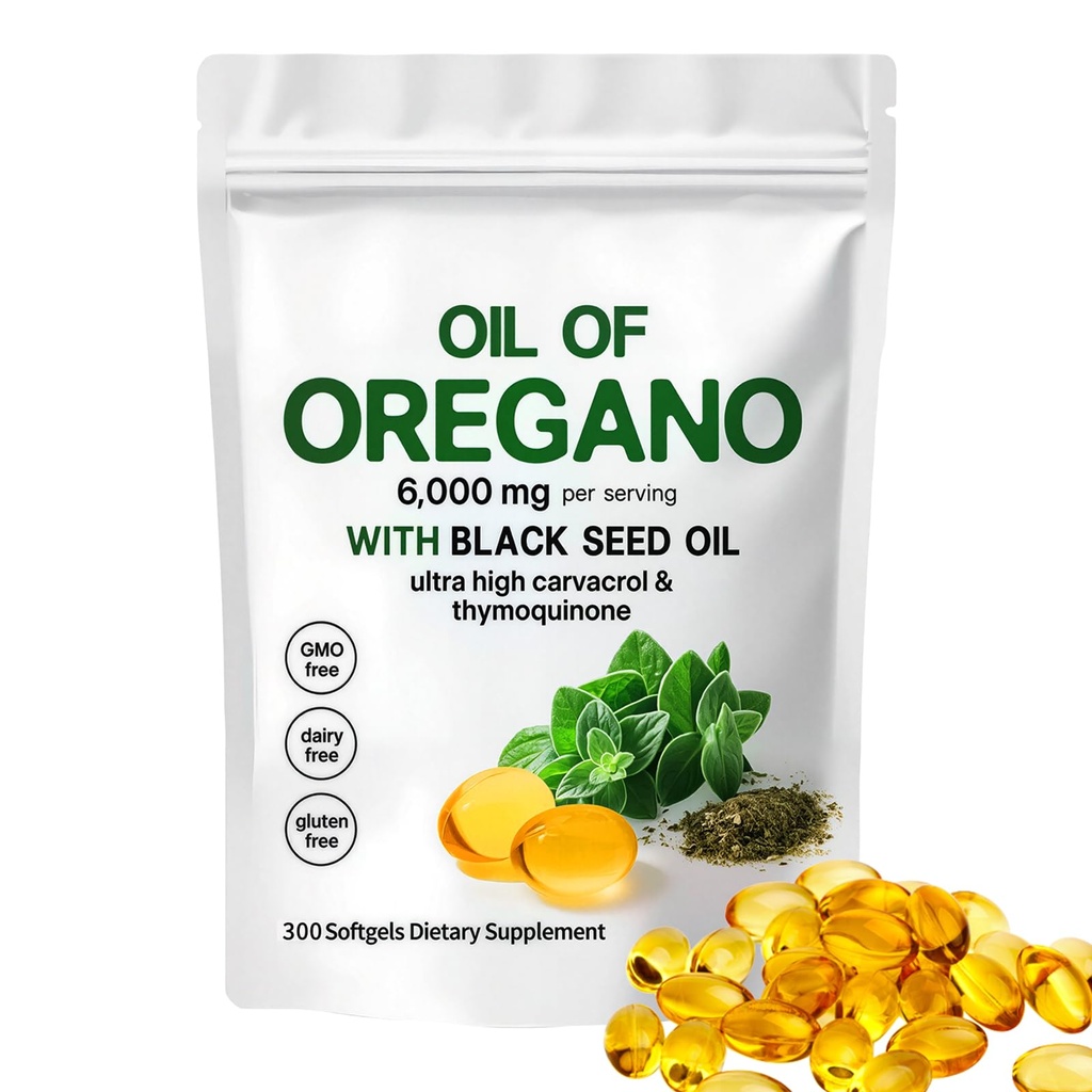Oil of Oregano with Black Seed Oil,2-in-1 Oregano Oil Capsules Organic,6000mg Per Serving,300 Softgels,4X Strength Carvacrol & Thymoquinone,Non-GMO,Gluten Free & Immune Support