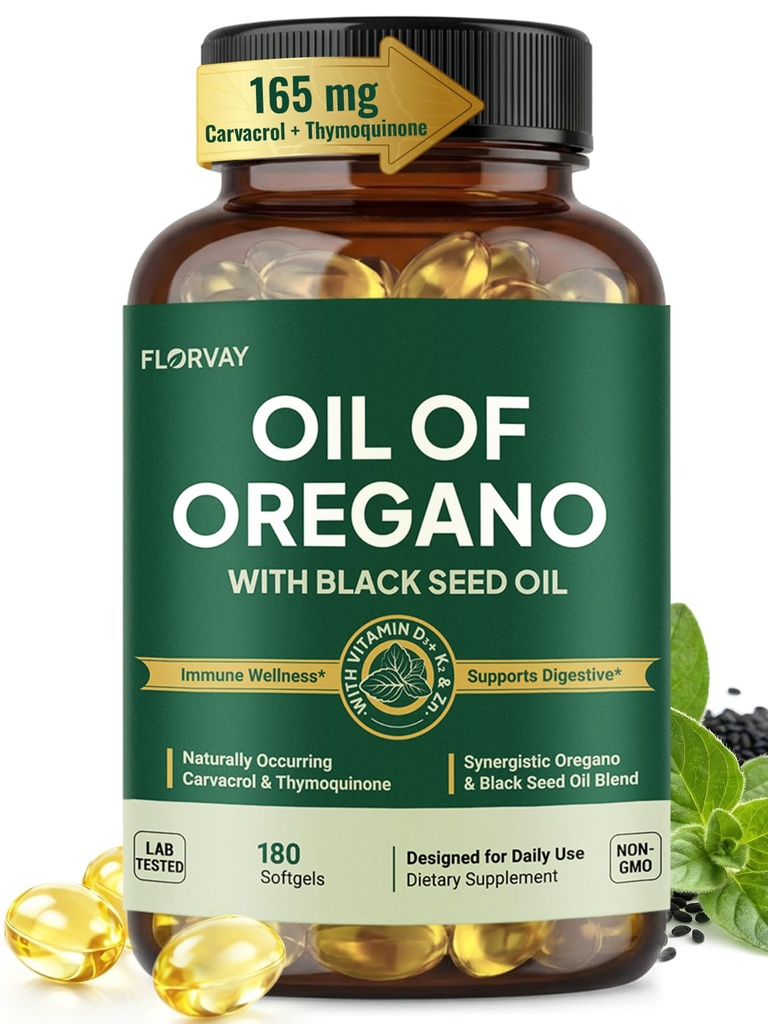 Oil of Oregano with Black Seed Oil Softgels, All-in-1 Immune Support Formula with Ultra-High Potency oregano leaf extract, 165mg Carvacrol & Thymoquinone, Non-GMO, 180 Wild Oregano Oil Capsules