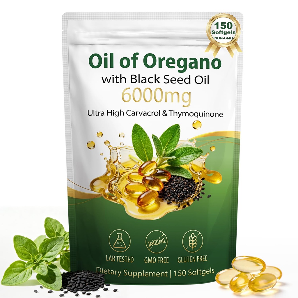 Oil of Oregano with Black Seed Oil Softgels 6000mg - 150 Count Organic Oregano Oil Capsules with 165mg Carvacrol for Immune & Digestive Support, Herbal Supplement, Non-GMO
