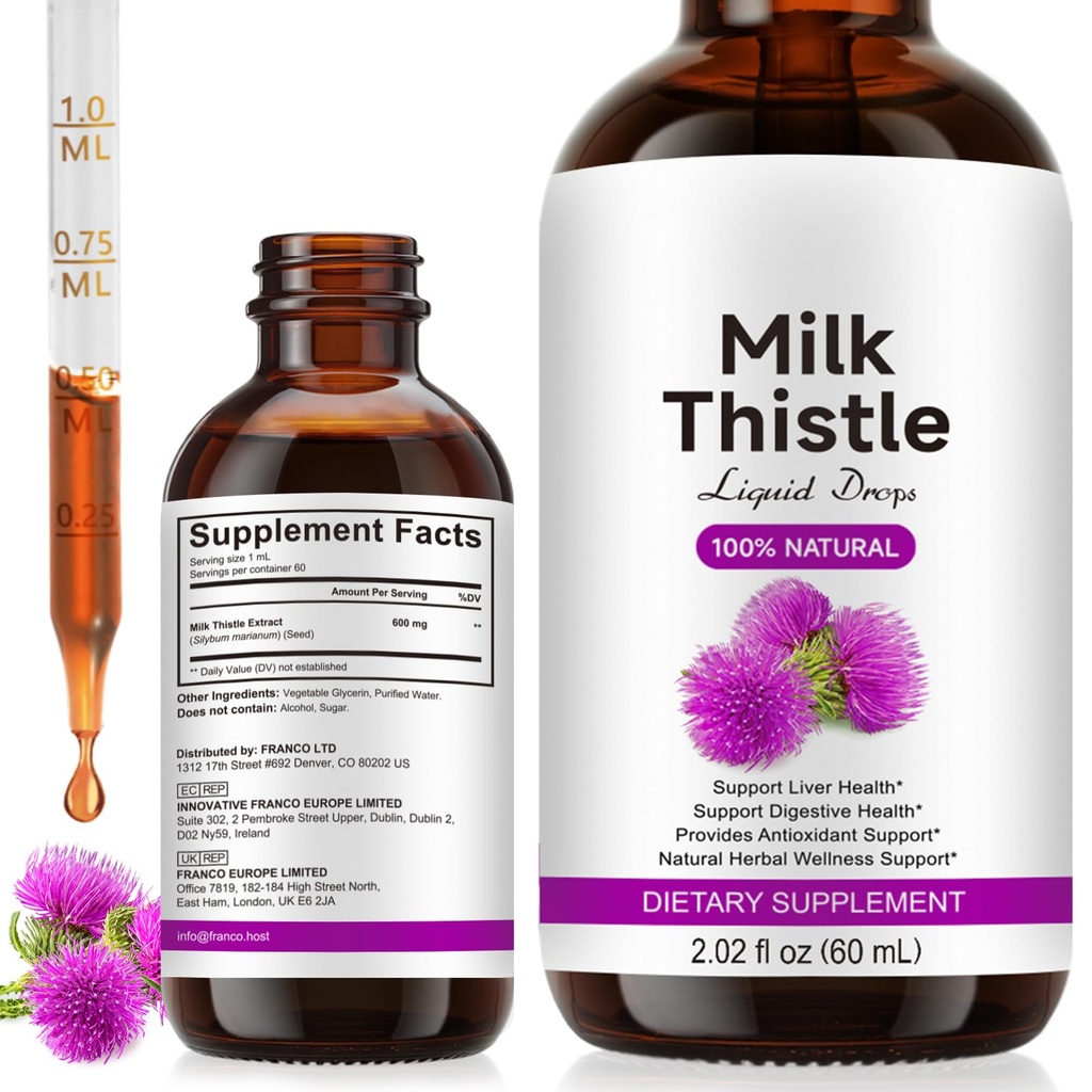 Milk Thistle Silymarin Marianum Liquid Drop for Liver & Kidney Cleansing Support, Potent Antioxidant, Herbal-Based Formula, Sugar-Free, Alcohol-Free, Non-GMO - 2 Fl.Oz/60 ML