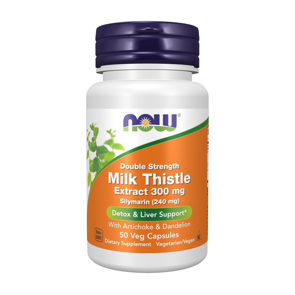 NOW Foods Supplements, Silymarin Milk Thistle Extract 300 mg with Artichoke and Dandelion, Double Strength, Supports Liver Function*, 50 Veg Capsules