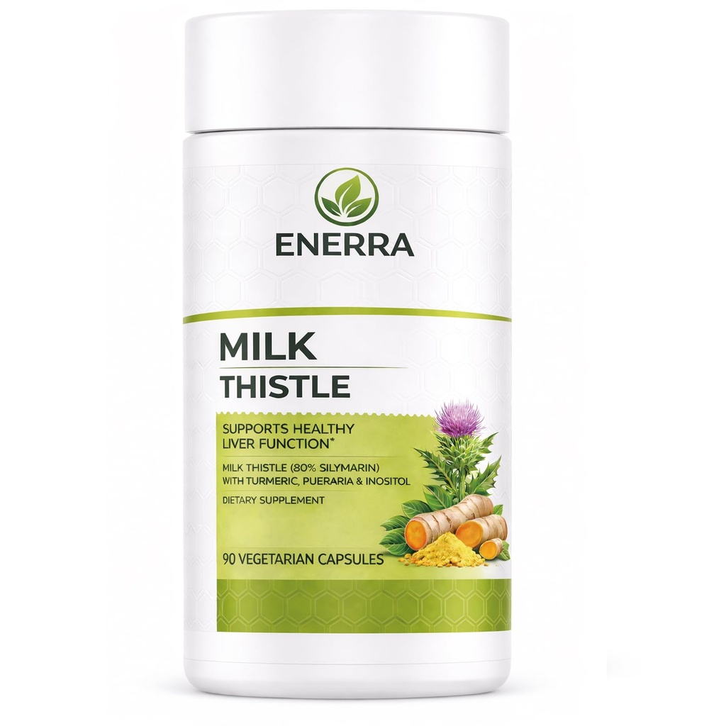 Enerra Milk Thistle Capsules, with Vitamin C & Inositol, Supports Liver Health, Non-GMO & Vegan, 90 Count (1pcs)