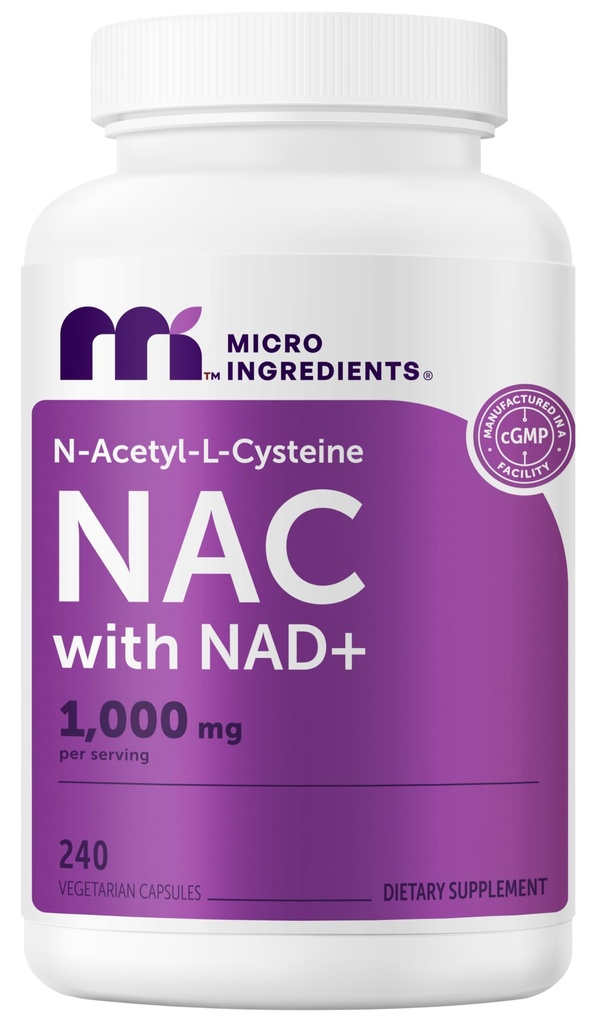 Micro Ingredients NAC with NAD+ 1,000 mg Per Serving, 240 Vegetarian Capsules | 2-in-1 N-Acetyl-L-Cysteine with Nicotinamide Adenine Dinucleotide | Non-GMO, Gluten Free