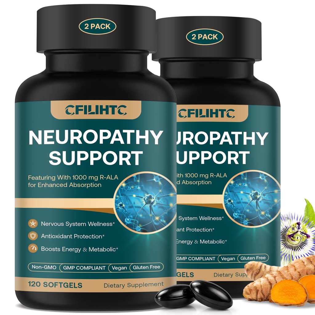 Neuropathy Support Nerve Supplement – Advanced R-Alpha Lipoic Acid Supplement with Benfotiamine, NAC & B-Complex for Nerve Health, Antioxidant & Cellular Energy - Vegan 120 Softgels 2 Pack
