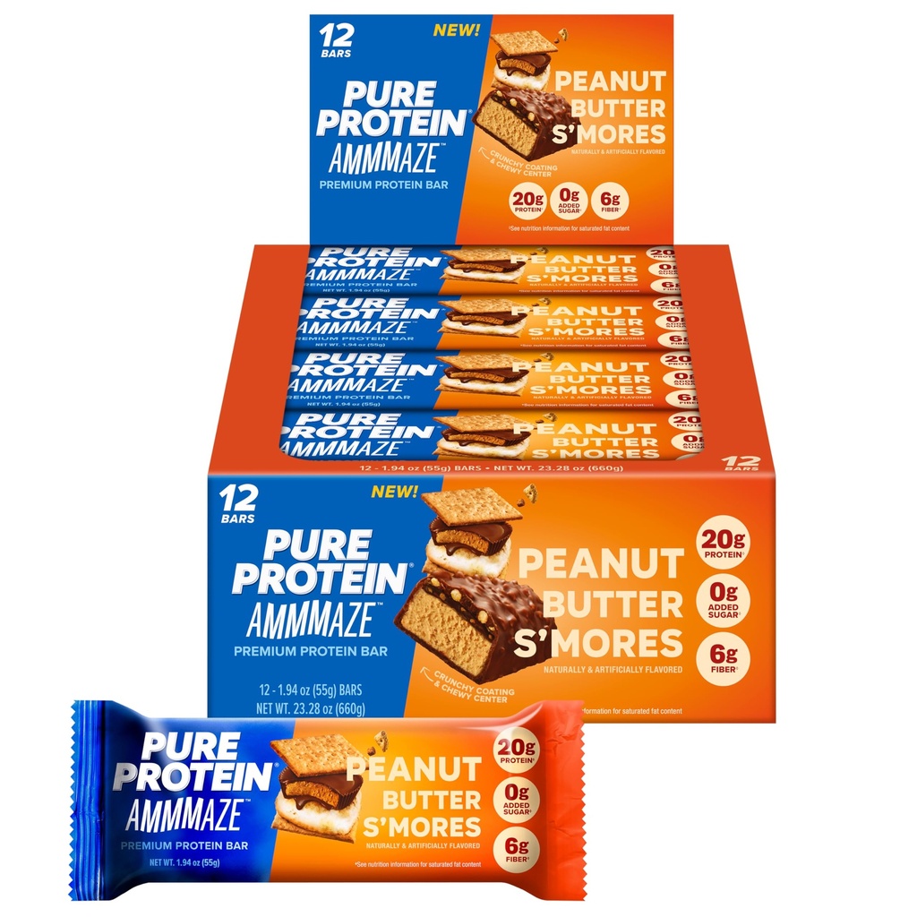 Pure Protein AMMMAZE Peanut Butter S’mores Bars, 20g Protein, 6g Fiber, 5g Net Carbs, No Added Sugar, High Protein Snack, 12 Count – Meal Replacement Bar for On-the-Go