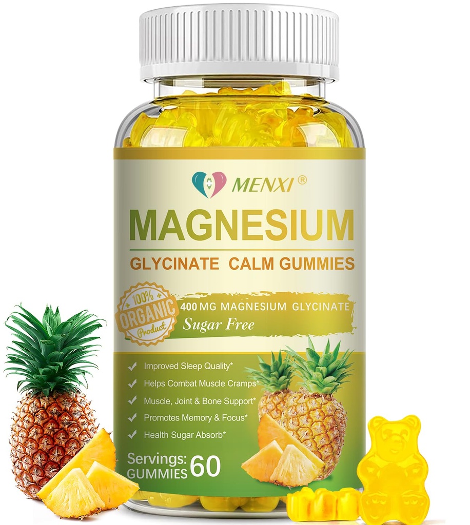 Magnesium Glycinate Gummies 400mg, Sugar Free Magnesium Taurate, Malate Supplement with Vitamin D, B6, CoQ10 for Relaxation, Stress Relief, Muscle, Bone & Sleep Support- 60 Pineapple Gummies