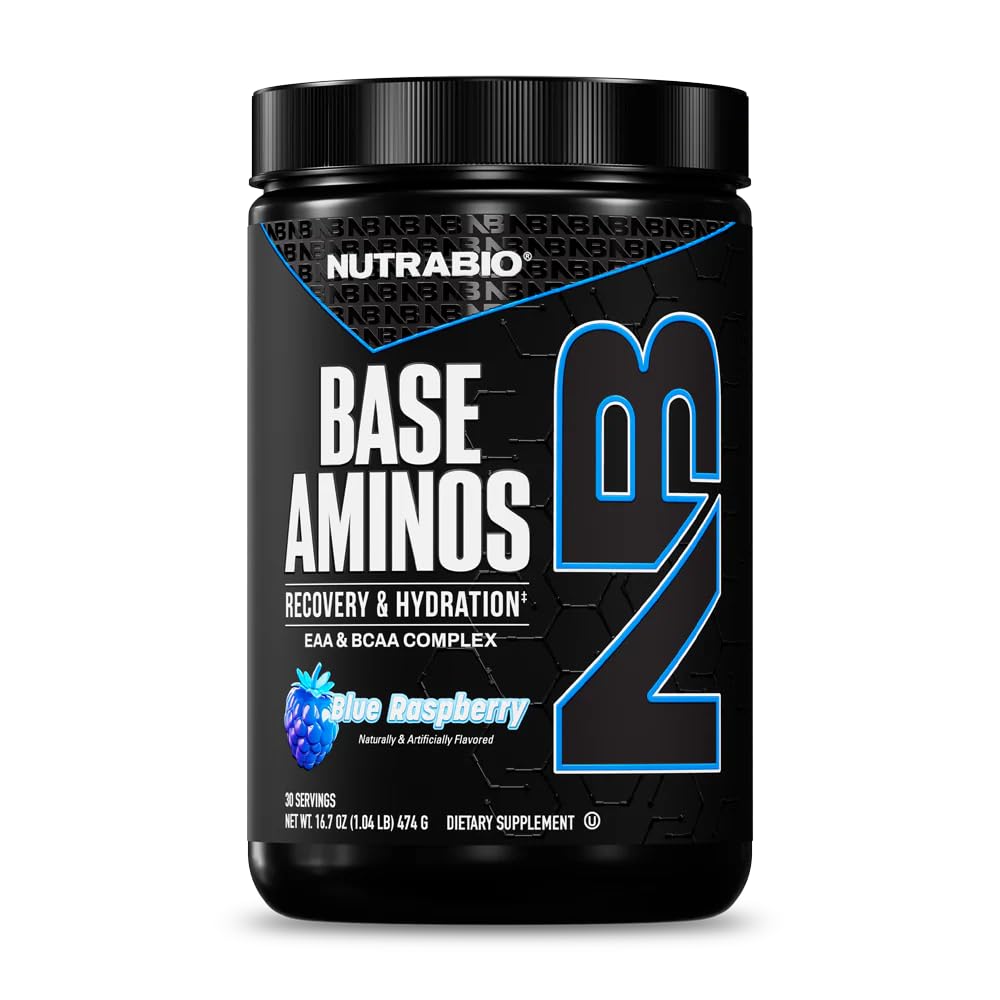NutraBio Base Aminos EAA + BCAA Powder - 10g Essential Amino Acids Supplement, 6g 2:1:1 BCAAs, 2.8g Hydration Matrix with Electrolytes & Absorption Enhancer AstraGin - 30 Servings - Blue Raspberry