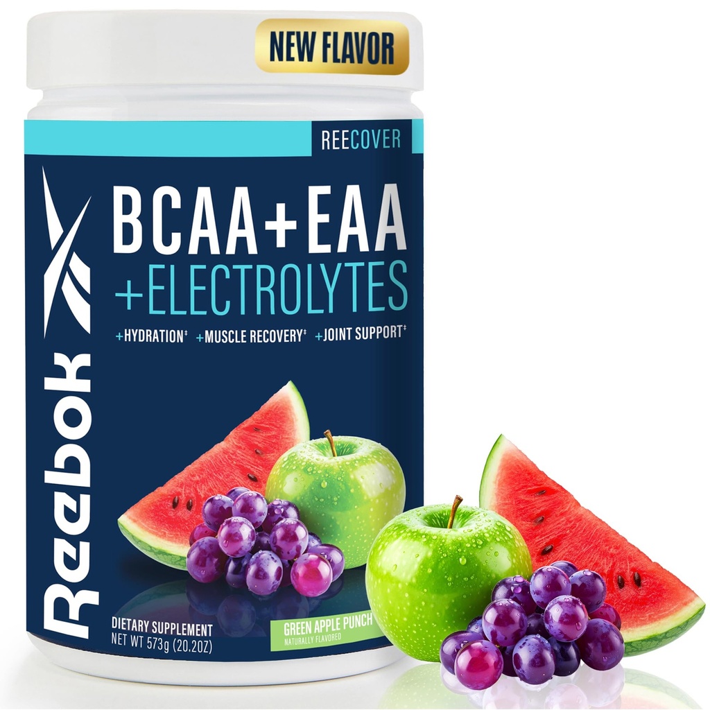 Reebok REEcover Amino Acids + Electrolytes | 8g EAAs, 5g BCAAs, Hydration Matrix | Muscle Recovery, Strength | Post-Workout Support | 30 Servings | Green Apple Punch