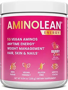 AminoLean Pre Workout Powder, Amino Energy with Natural Caffeine from Green Tea, Vegan BCAA Amino Acids, Cherry Lime (25 Serv)