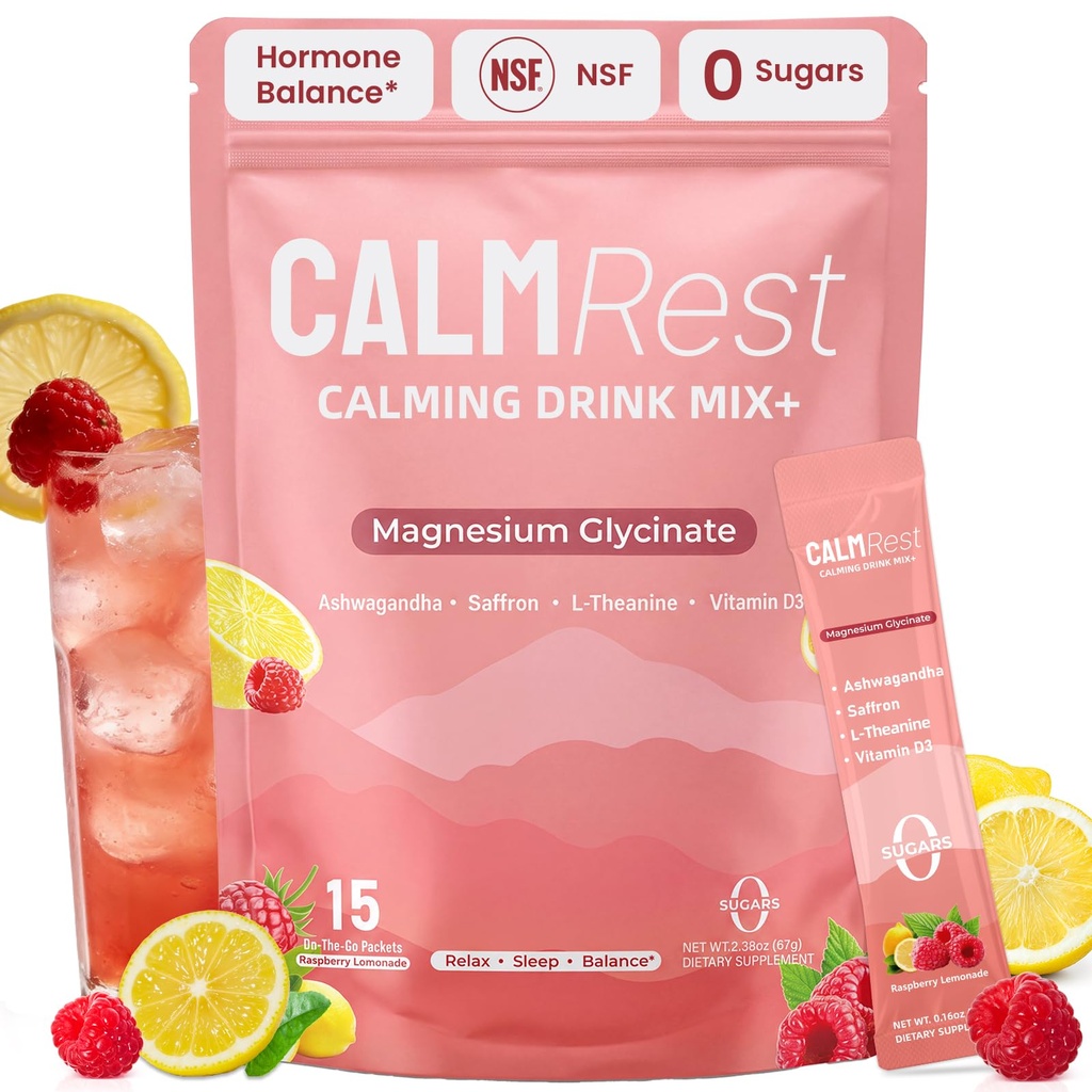 Calm Magnesium Powder Cortisol Supplement for Women, Hormone Balance Support* for Sleep & Relax Supports, No Sugar, Raspberry Lemonade,15Ct
