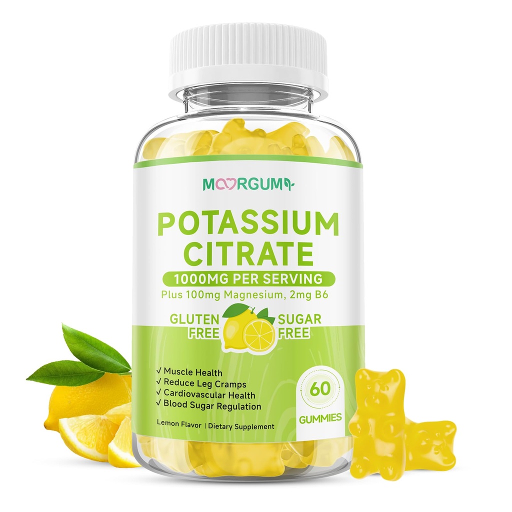 Potassium Citrate 1000mg Gummies, Potassium Supplement for Adults Women and Men, with Magnesium, Vitamin B6 Chewable Supplements, Support Electrolyte Balance, Muscular & Nerve Function, 60 Count