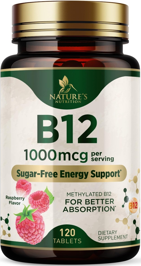 Vitamin B12 - 1000 mcg Per Serving Maximum Strength Methylcobalamin B-12 Chewable Tablet - Energy, Nervous System & Brain Support - Fast Dissolve, Gluten-Free, Non-GMO for Women & Men - 120 Tablets
