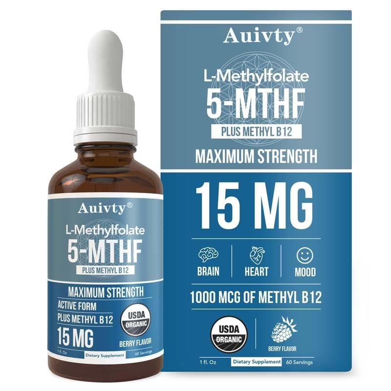 Organic Methyl Folate 1000 mcg + Methyl B12 Drops – 5-MTHF & Methylcobalamin Sublingual, 300 Servings, Berry Flavor, Vegan, Non-GMO Liquid Folate & Vitamin B12 Supplement, 1 fl oz