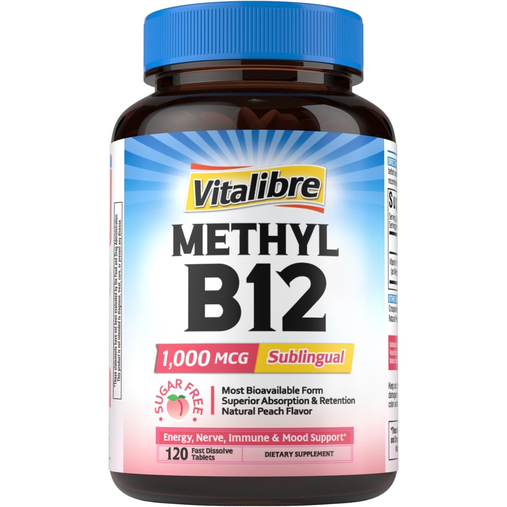 Vitalibre Vitamin B12 1000 mcg, Sublingual Methylcobalamin, Natural Peach Flavor, Nervous System Health, Energy Support, No Sugar, 120 Fast Dissolve Tablets