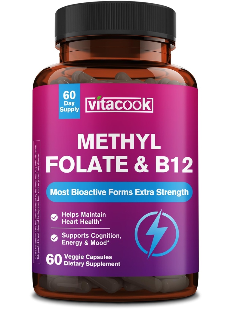 L-Methylfolate Supplement with Methyl B12 Cofactor, High Potency Bioactive Folate 1000 mcg & Vitamin B12 1000 mcg, Heart Health, Nerves, Cognition, Energy Metabolism, Mood, 60 Veg Caps