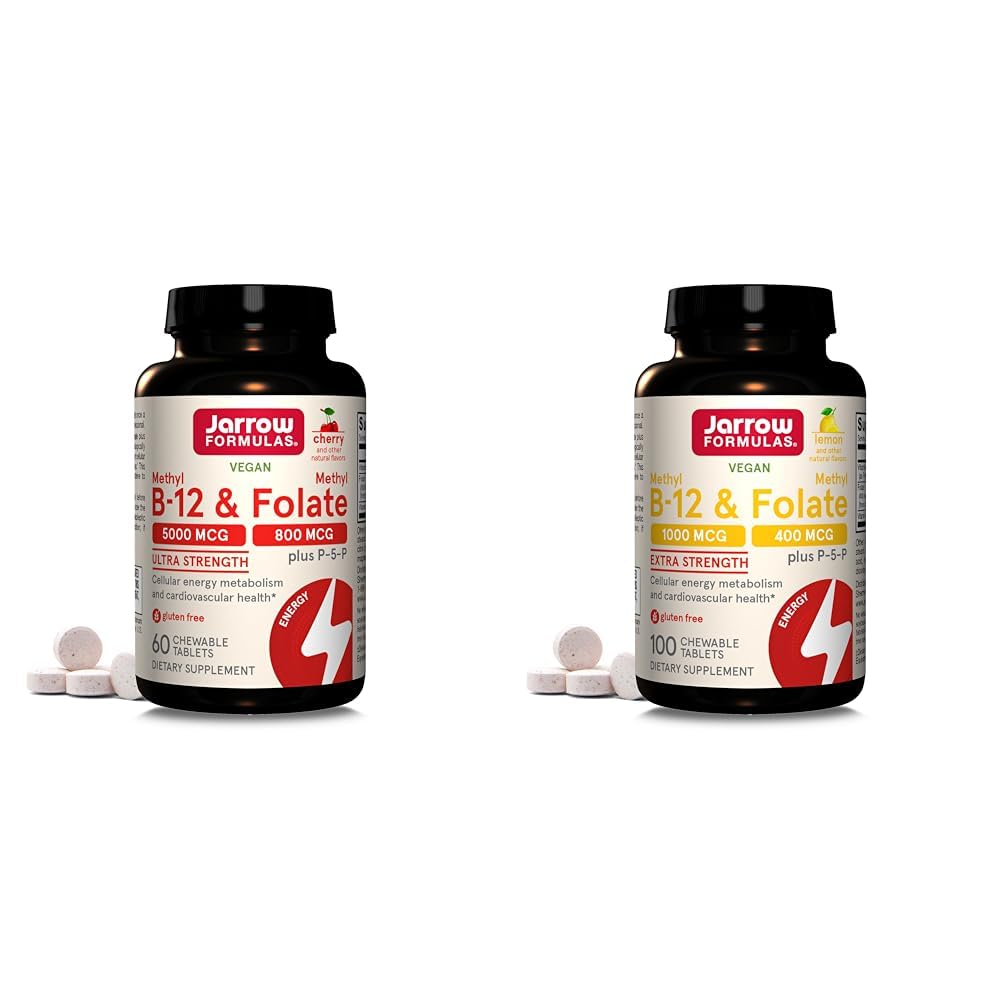 Jarrow Formulas Ultra Strength Methyl B-12 5000 mcg & Methyl Folate 800 mcg + P-5-P & Extra Strength Methyl B-12 1000 mcg & Methyl Folate 400 mcg + P-5-P, Dietary Supplement